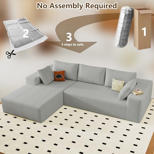 Image of 96 inch Modular Sectional Couch, Boneless L Shaped Cloud Sofa with Chaise Lounge, Corduroy Upholstered Couches Memory Foam Deep Seat, No Assembly Required, Ideal for Living Room(Light Gray, Left Facing)
