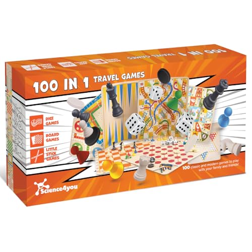 Science4you Juegos de Viaje 100 En 1 - Juegos de Mesa Familiares de Tamaño Viaje para Niños y Adultos, Colección Com Juegos Clásicos como Ajedrez, Damas, Serpientes y Escaleras, Parchís y más
