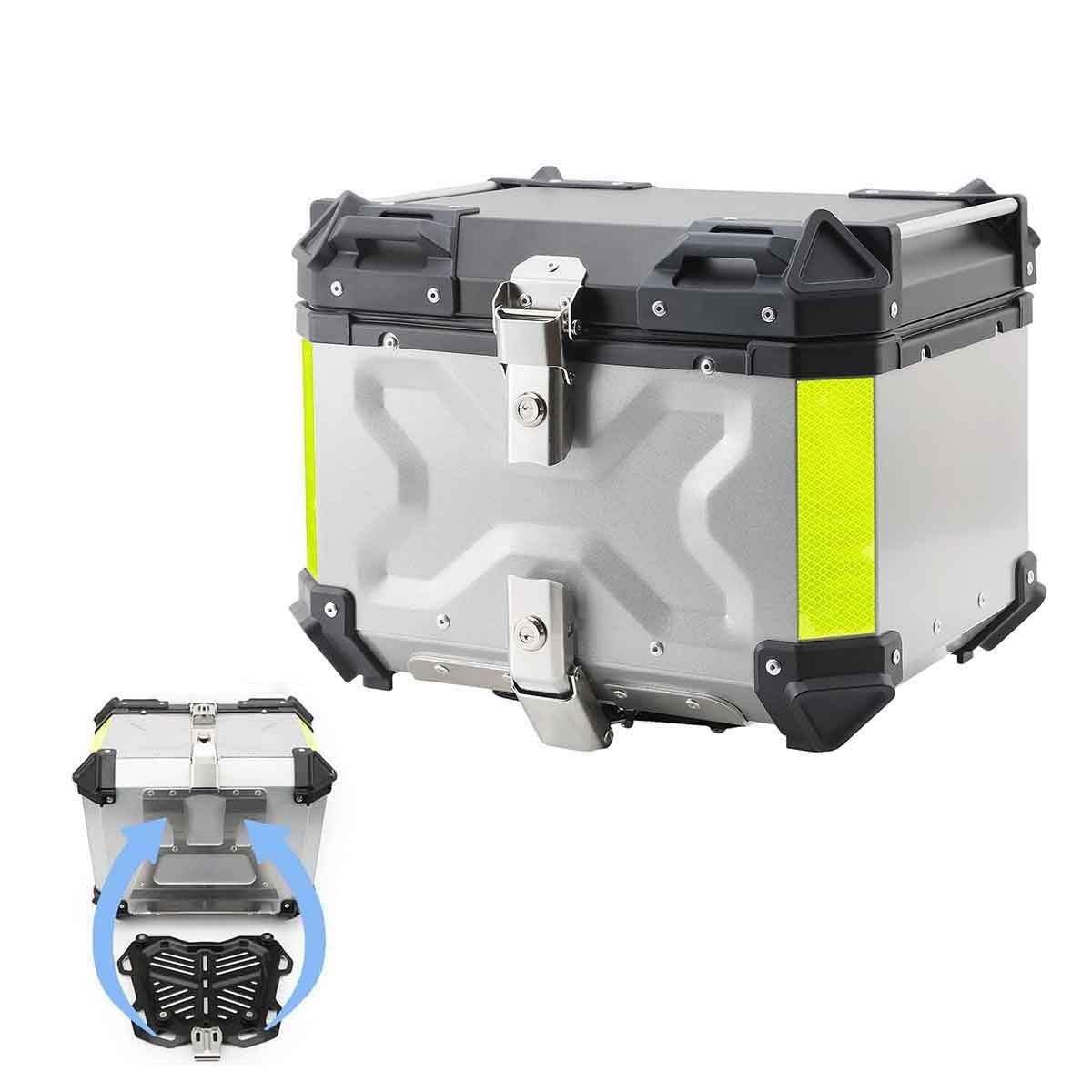 Aluminium Top Case Moto Coffre De Moto Étanche Valise pour Moto 36L 45L 55L 65L 80L 100L avec Doublure IntéRieure Et Plaque InféRieure À DéGagement Rapide(Silver,65L)