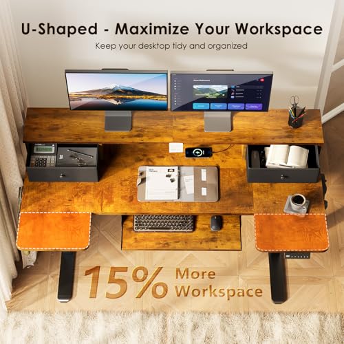 Image of OffiGo U Shaped Electric Standing Desk with Drawers, 55 Inch Height Adjustable Desk with Keyboard Tray & Ergonomic Monitor Stand, Sit Stand Table with Power Outlets for Home, Office, Rustic Brown