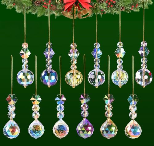 12PCS 22mm Rainbow Prism Crystal Glass Balls Christmas Tree Crystal Balls Ornaments for Xmas Christmas Themed Wedding Party Home Decor