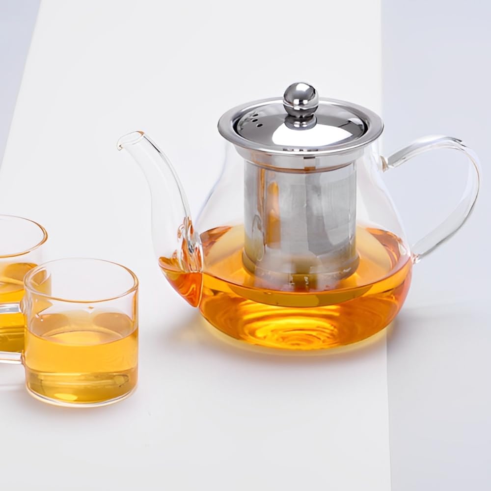 Teiera in Vetro da 800ml, Teiera Resistente al Calore in Vetro Borosilicato Trasparente con Filtro in Acciaio Inox, piccola teiera per foglie sfuse, erbe, frutta, bubble tea | Infusore Tè