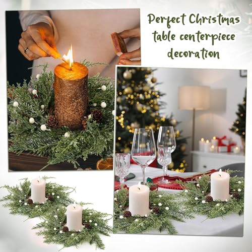 Image of 4 PCS Christmas Wreath Candle Rings Mini Wreath Pine Garland Artificial Frosted Cedar and Pine Cone Candle Rings Holder for Christmas Wedding Home Table Centerpiece Door Window Chair Wall