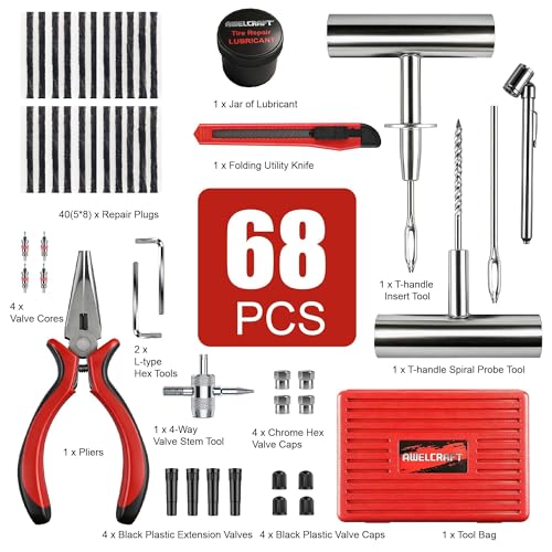 Image of AWELCRAFT 68-Piece All-in-One Heavy Duty Tire Plug Kit - Professional Tire Repair Set, T-Handle Tools, Valve Kit, 40 Plugs, Pliers, Knife - Universal for Car