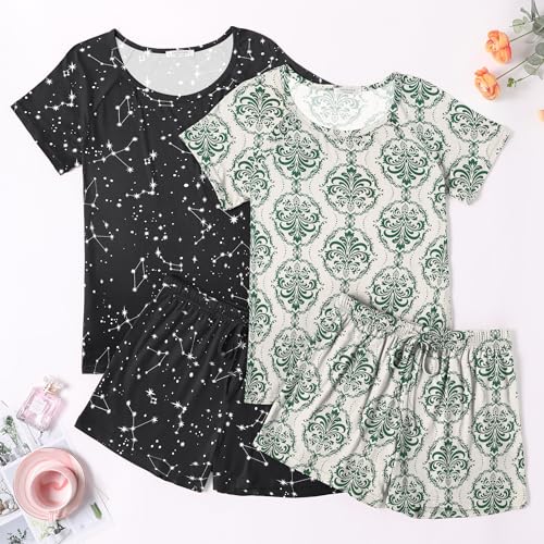Image of Ekouaer 2 Pack Womens Pajama Sets Short Sleeve Sleepwear Soft Crew Neck Pj Shorts Set Printed Loungewear Set S-XXL