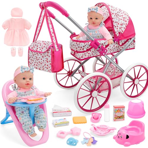 deAO Carrinho de bebé brinquedos inclui bonecos de 31cm, bolsa de acessórios, roupa para bonecas, boneco bebé, acessórios para crianças a partir de 3 anos