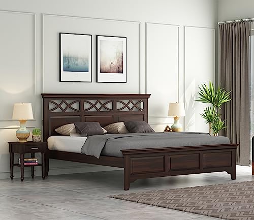Image of Wooden Queen Size Bed Without Storage - Solid Wood Queen Cot - Cot Akka Bed - Stylish Bedroom Furniture (Queen, Allana, Walnut Finish)