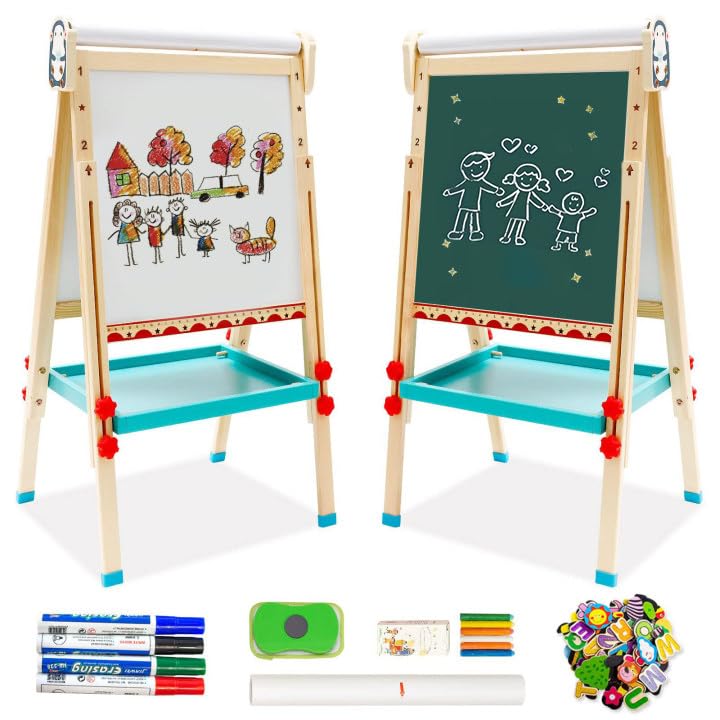 Kids Easel with Paper Roll Double-Sided Whiteboard Chalkboard Wooden Art Easel Height Adjustable Standing Easel 68-114 cm with Numbers and Other Accessories Drawing Board for Toddlers (Penguin) — image 1