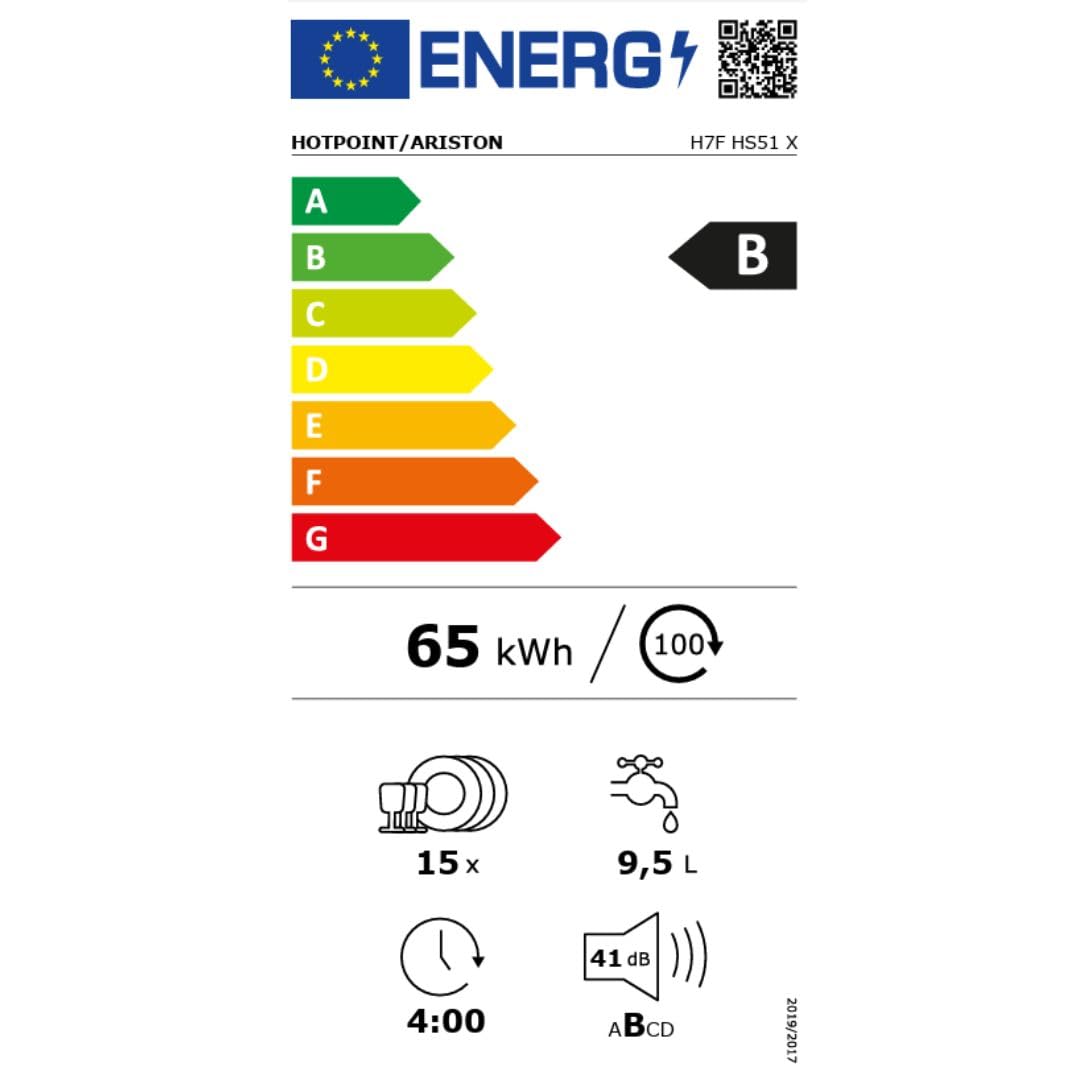 H7FHS51X - Lavastoviglie da 60 cm, 15 coperti, libera installazione, Inox, Classe energetica B