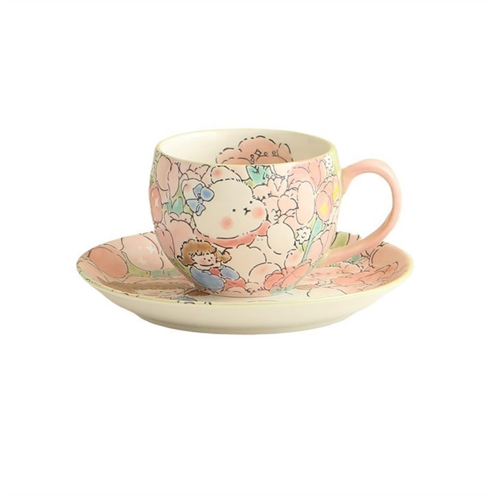 Mug Ensemble de Tasses à café et soucoupes en céramique, Tasses à thé de l'après-midi, à la Mode, légères, luxueuses, Belles et Pratiques, peintes à la Main, sous glaçure Tasse à thé(Pink)