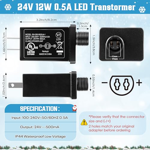 Image of 2PCS 24V 12W LED Power Supply, Class 2 Power Supply LED Transformer Replacement for Christmas String Lights, Waterproof IP44 US Plug Adapter