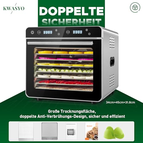 Kwasyo Dörrautomat Edelstahl Trockenkapazität 3,8 kg Rindfleisch, 0,67 m² Trockenfläche, 8 Edelstahl-Dörrtabletts (28x30 cm), 35-85°C Dörrgerät für Hundeleckerlis, Kräuter, Fleisch, Obst, Joghurt – Bild 4