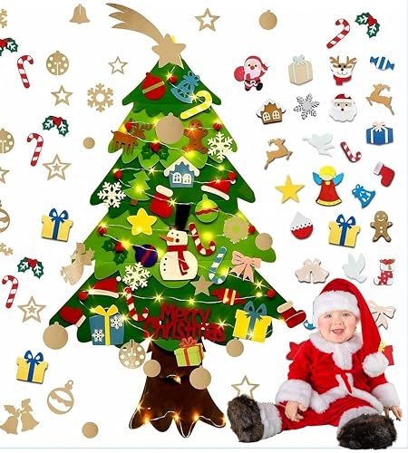 Meridiana - Albero Natale Feltro 132 Cm + 48 Pezzi staccabili e LUCI LED, Albero Di Natale Montessori, Albero Natale Educativo, Albero Di Natale Bambini, albero feltro bambini Regali Di Natale