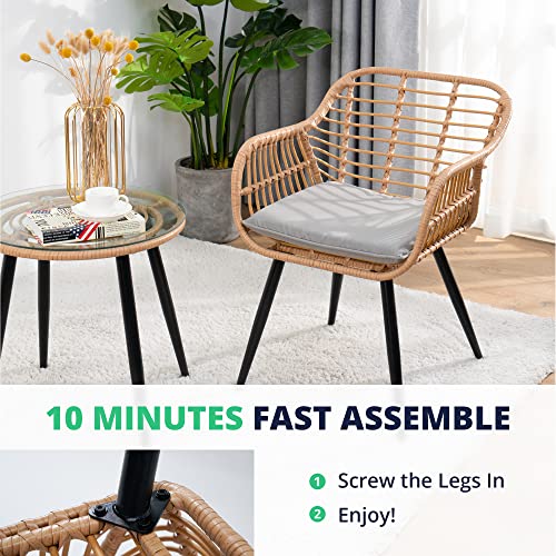 Cozy Castle 3-Piece Conversation Set, Bohemian Wicker Bistro Table And Chairs, Outdoor Patio Set For Porch, Balcony & Backyard, W/Gray Seat Cushions #TOP2