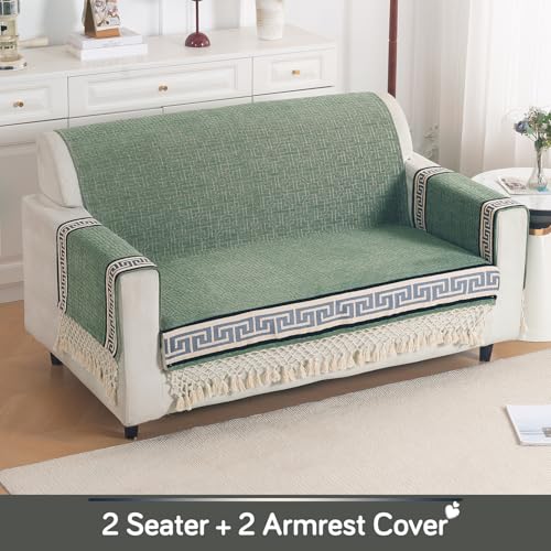Image of HOKIPO 'Imperial Tassel Series' Premium Chenille Jacquard Sofa Cover Set for 2 Seater for Seat, Back & Arms with Tassels, Sage Green (IN-1010 + IN-1012-I8*2)