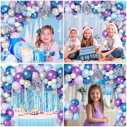 Image of Ouddy Life 167Pcs Frozenn Balloons Arch Kit, Winter Wonderland Party Decor | Fringe Curtain Pearlescent Metallic Blue Purple Silver White Snowflake Balloon for Princess Girl Decorations Supplies