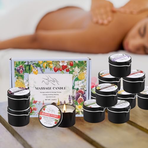 Image of 12 Pack Mini Massage Candles, Soy & Coconut Oil Melts into Warm Body Oil, Assorted Scents Aromatherapy Gift Box for Couples Spa, Valentine's Day Birthday Christmas Luxury Present (1 oz Each)