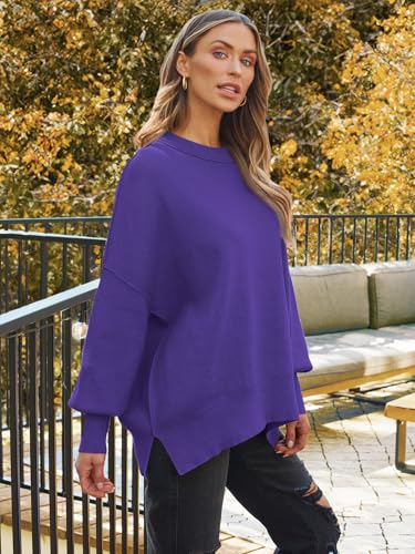 Image of LILLUSORY Women's Oversized Batwing Sweaters 2026 Fall Outfits Trendy Crewneck Knit Side Slit Fashion Pullover Tops