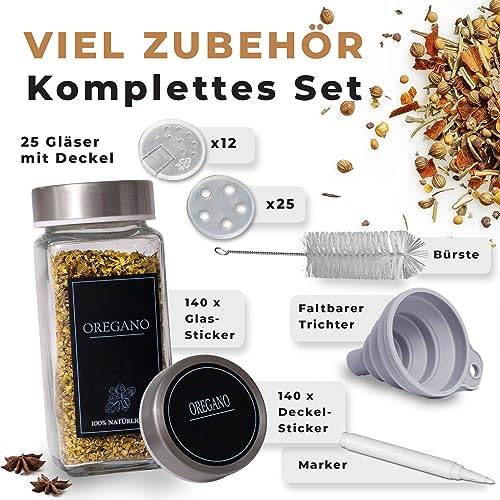 Foto von comforder Gewürzgläser Set (25 Stück), Gewürz Organizer mit Gewürzstreuer mit Etiketten + Trichter, Gewürzdosen eckig mit Edelstahldeckel, 120ml (Edelstahl)