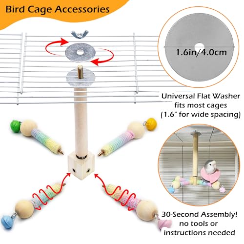 Image of Bird Perch Toy with Bells, Interactive Wooden 360 Spin Cage Toy(S) | Exercise Wheel Parrot Toy, Cotton Wrapped for Soft Grip, Enrichment Bird Cage Accessories for Budgies Lovebirds Cockatiel