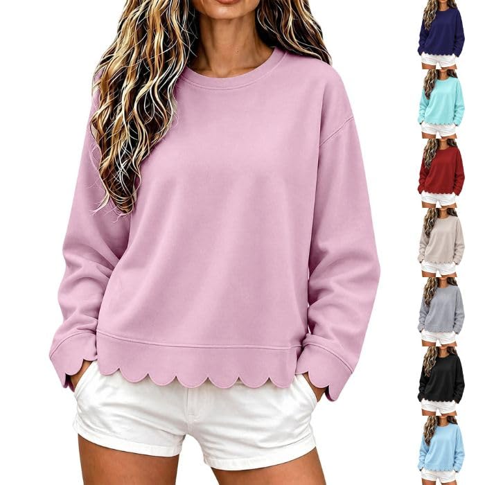 Etroizye Oversized Sweaters for Women Scalloped Crewneck Casual Pullover Pink L - image 1