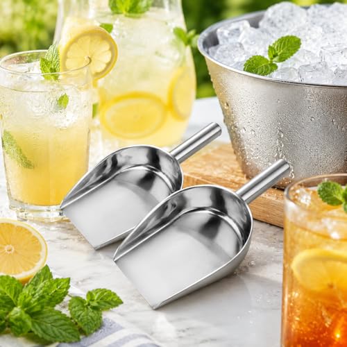 Image of Homoyoyo 2Pcs Stainless Steel Ice Scooper: Flat Bottom Stainless Steel Spatula Grain Soy Nuts Rice Scoop Pet Feed Feeding Scoop Flour Spoon Shovel Silver Ice Cube Shovel Kitchen