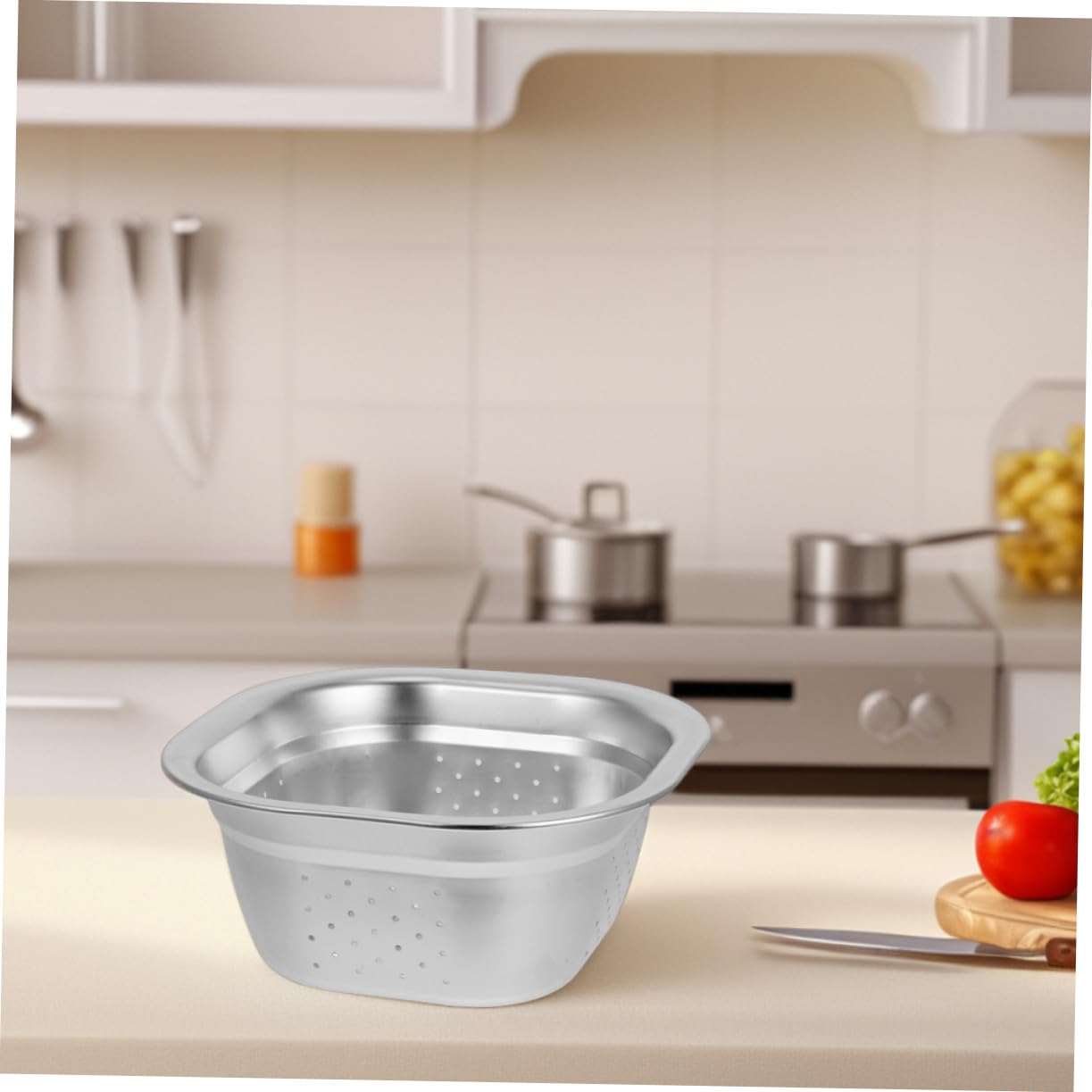 22 Cm Juego de 2 de Acero Inoxidable Coladores Cuadrados | Plata, Drenaje Fácil y Diseño Multifuncional, Uso Doméstico en Cocina para Arroz, Frutas y Verduras