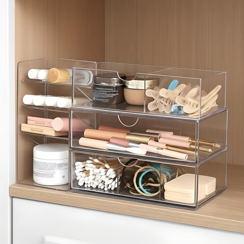 Kathfly 6 Pcs Medicine Cabinet Organizer Acrylic Stackable Clear Makeup Organizer with 2 Drawer...