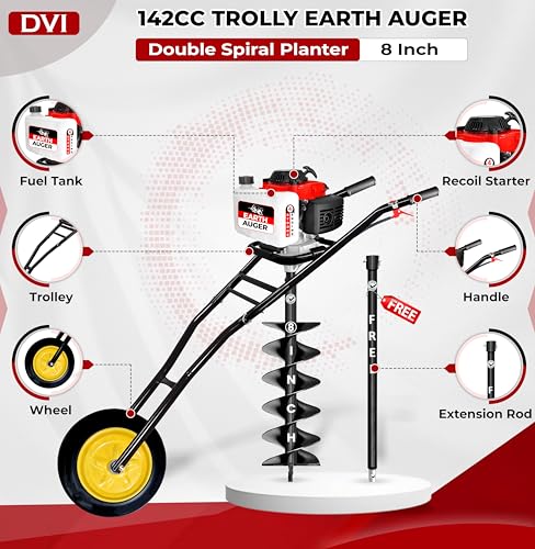 Image of DVI 142CC Trolley Earth Auger Machine, 4-Stroke Petrol Engine - with 8 Inch Double Spiral Planter Bits & Free Extension Rod | for Plantation, Fencing & Post Hole Digging in All Soil Types.