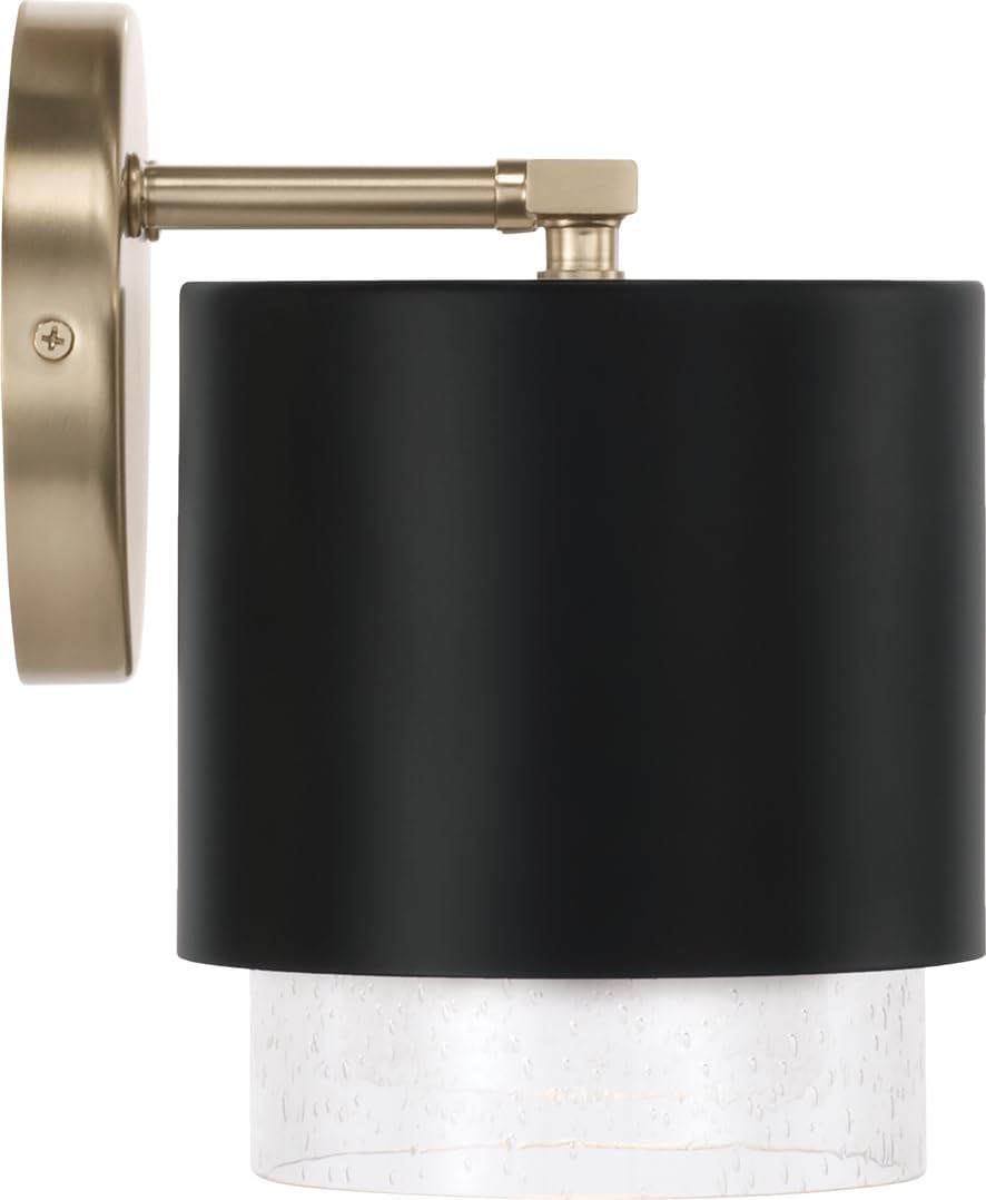 Capital Lighting 153021RK-549 Weller Modern Clear Seeded Glass/Black Metal Dual Shade Cylindrical Bathroom Vanity, 2-Light 200 Total Watts, 8" H x 15" W, Matte Brass