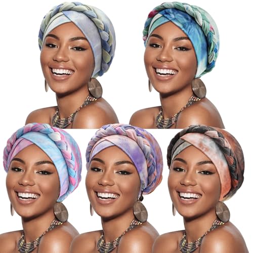Image of DRESHOW African Women Turban Caps Beanie Twist Headscarf Pre-Tied Twisted Braid Headwraps for Women Chemo Cancer Cap