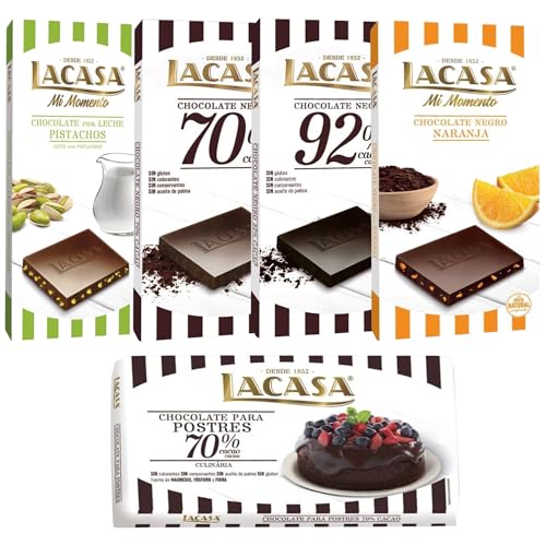 Pack Lacasa 5 deliciosas tabletas de chocolate de distintos sabores y tamaños: naranja,leche pistacho 90g,negro,cacao 92%,culinaria200g