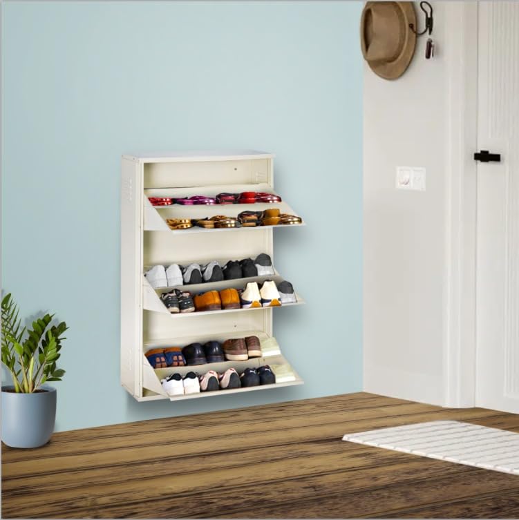 Image of DELITE KOM 29 inch Wide, 6 Shelf Metal Shoe Rack Wall Mounted for Home with Central Lock | Holds Upto 24 Shoes or 36 Slippers Pair | Double Decker, 1Yr Warranty, (41x29x8, Ivory), DIY, Space Saver