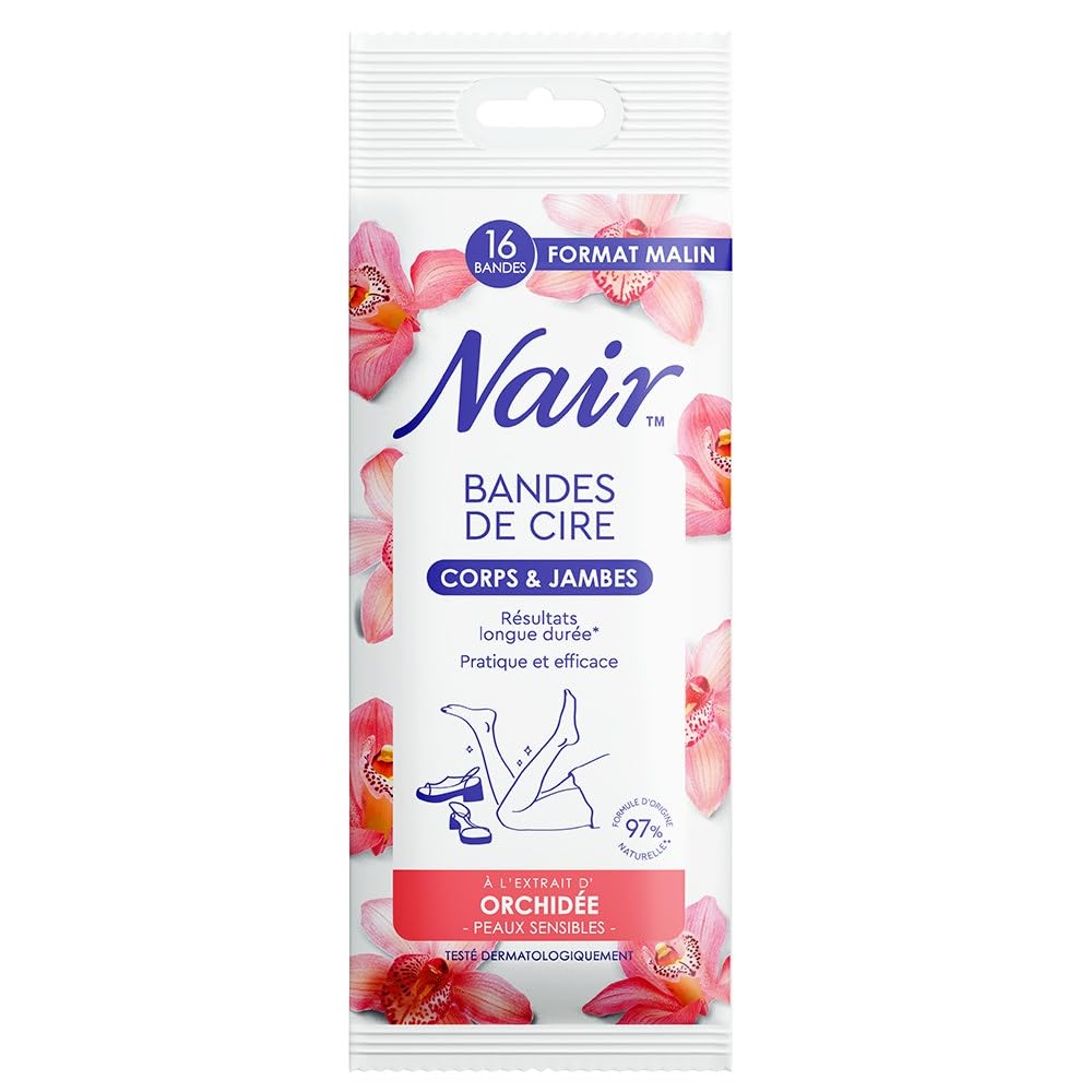 NAIR - Strisce Di Cera Fredda Corpo, Pelle Sensibile, Estratto di Orchidea, 97% di Origine Naturale, Formato Maligno 16 Strisce