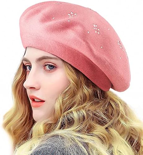 LADYBRO Rhinestone Beret Hats for Women 2 Layers Wool French Hat Lady Winter Black Red (Dark Pink (Floral Pattern))