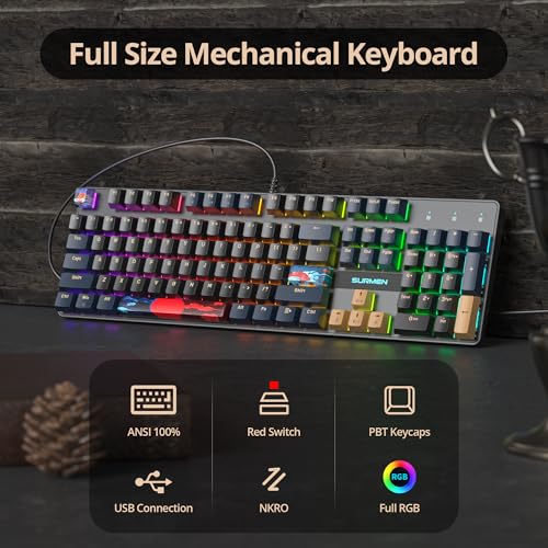 Image of Full Size Mechanical Keyboard, Creamy Keyboard with Number Pad, 104 Keys Wired Gaming Keyboard with Red Switch, RGB Backlit for PC Laptop