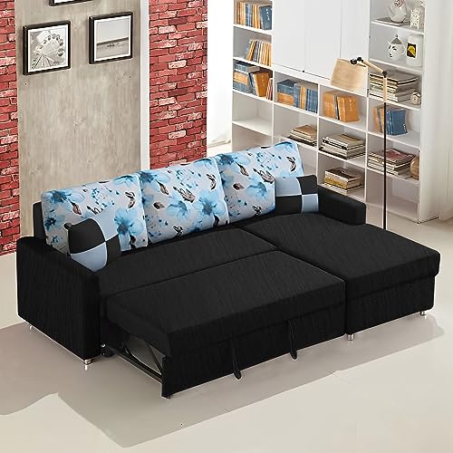 Image of Orland 4 Seater LHS L Shape Sofa Cum Bed for Living Room | Color - Black | Premium Fabric Sofa