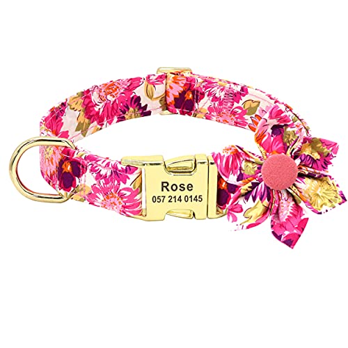 Beirui Colliers de personnalisés pour Chiens de Fille - Collier de Chien de Compagnie personnalisé avec Fleur pour Petits Chiens de Taille Moyenne - Collier gravé Floral Doux (Rose Vif, S)