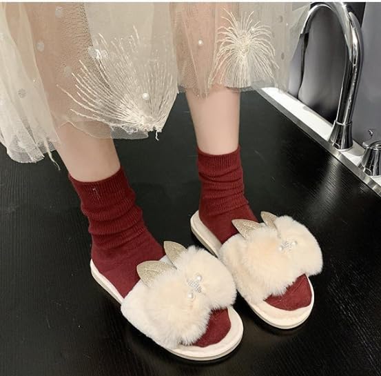 Rabbit Ear Slippers for Woman Bowknot Open Toe Fuzzy Slipper Fuzzy Plush Soft Warm Home Bedroom House Shoes2