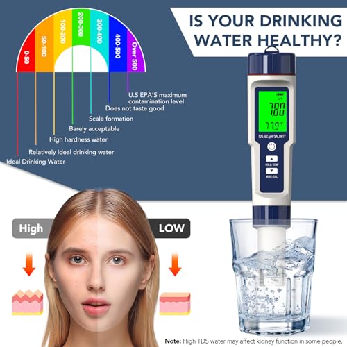 Image of Ph Tester Digital,Pool Salt Tester, Digital Salinity Meter and PH Tester for Pool Salt Water and Drinking Water, 5 in 1 Salinity PH Temp EC and TDS Meter for Swimming Pool Hot Tub Spas, High Accuracy