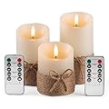 AKU TONPA Flameless Candles Battery Operated Pillar Real Wax Electric LED Candle Gift Set with Remote Control and Timer, 4" 5" 6" Pack of 3 (Ivory Wax with Hemp Rope)