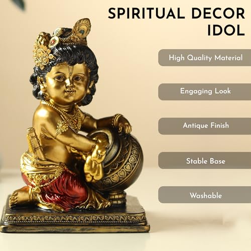 Image of ARMONIA Krishna Makhan Chor Idol - 8.2 Inch Ploystone Kanha Ji Murti with Antique Finish | Statue for Home Decor, Living Room & Pooja Mandir | Office Desk Showpiece |Gift for Wedding & Housewarming