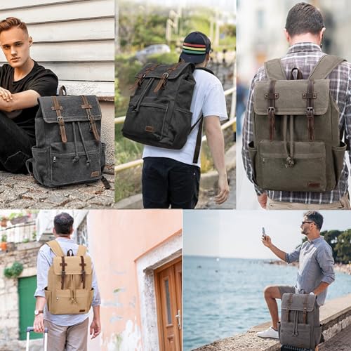 Men's Vintage Leather Canvas Laptop Backpack with Sleeve and Multiple Pockets – Army Green