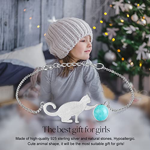 ♥Christmas Gifts♥925 Sterling Silver Bracelet with Amazonite Cat Playing Balls Adjustable Kitten Bracelets with Chain length 6.5''-7.6'', Handmade Unique Jewelry Gift for Little Girls Teen Girls Women2