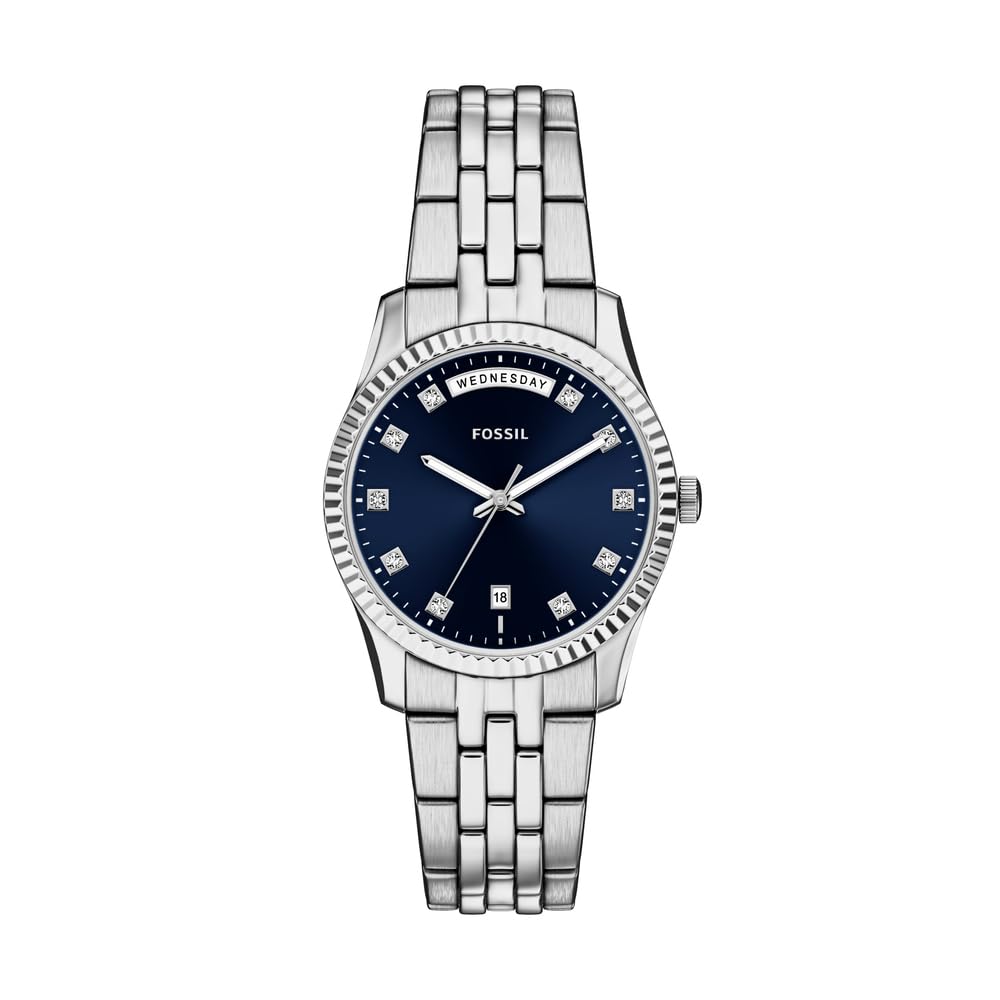 Fossil Scarlette Watch for Women, 34mm Quartz Three Hand Date Movement with Stainless Steel Strap,Jet Black and Silver Tone