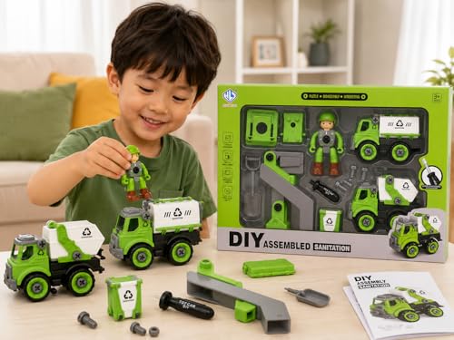 Image of DIY Assembled Sanitation Truck Toy Set for Kids 3+ | Take Apart Garbage Truck with Screwdriver, Worker Figure & Tools | Educational Construction Vehicle Puzzle Assembly Toy for Boys & Girls