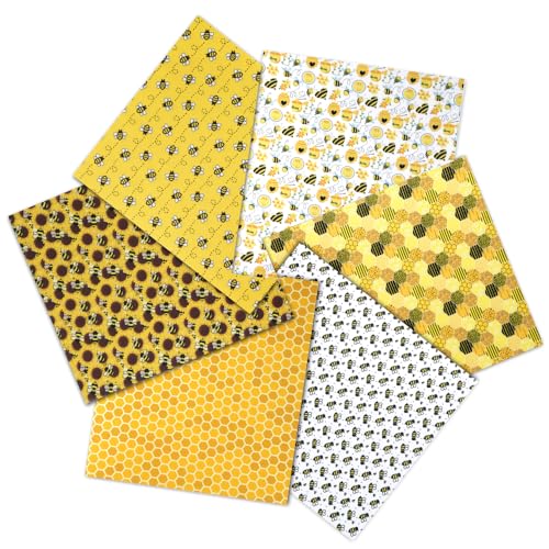 Nyvralora 6 Pcs Bee Fabric Honeycomb Floral Yellow Poly-Cotton Fat
