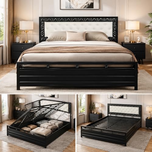 Image of Black Metal HEADBOARD Bed with Hydraulic Storage for Home Livingroom Bedroom - Ivory Cushion (6x5)