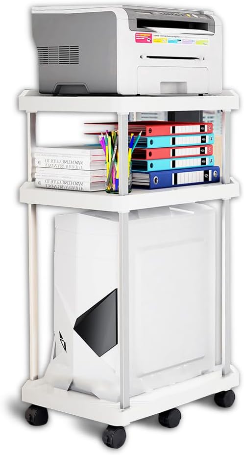 3 Tier Computer Tower Stand, Mobile PC Tower Cart with Wheels, CPU Stand Mobile Printer Standing Table for Fax Home Office, White