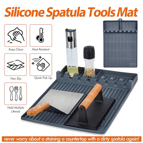 ISSEVE Silicone Griddle Tools Mat for Blackstone Griddle Accessories, Large Silicone Spatula Mat with Drip Pad, BBQ Grill Mat for Outdoor Kitchen, Cooking & Countertop Grey